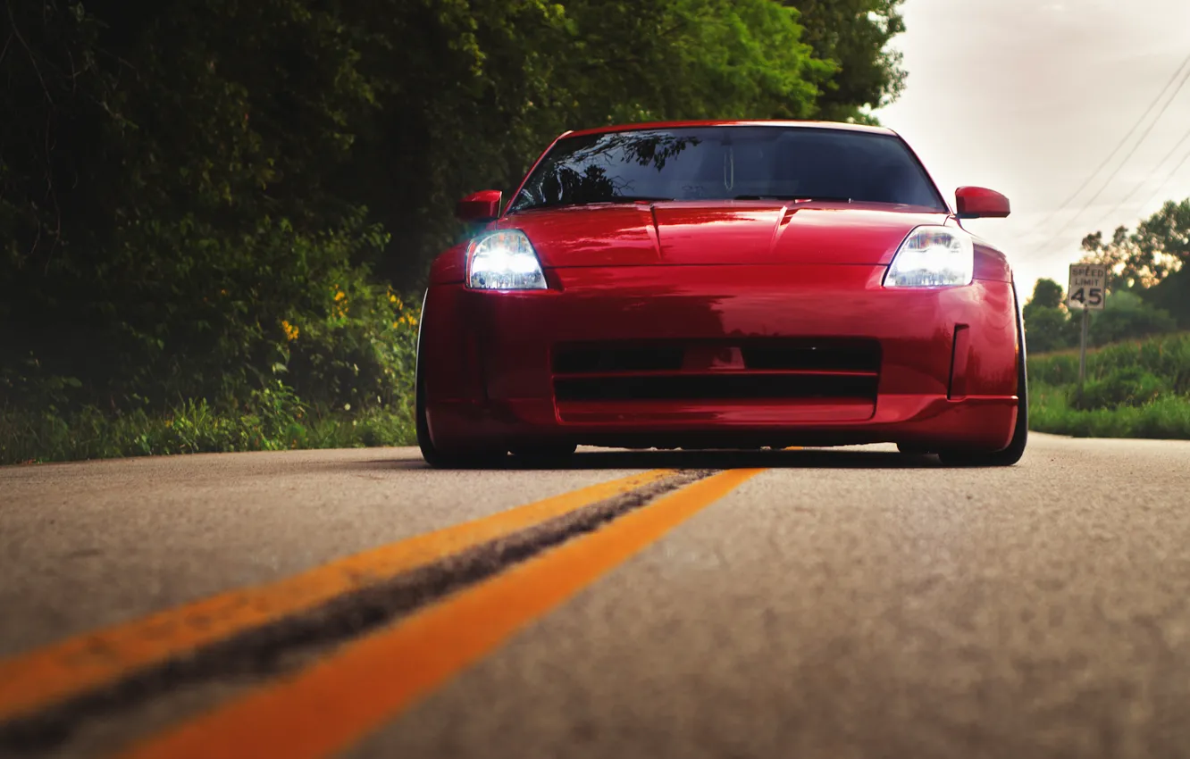 Photo wallpaper road, red, before, red, Nissan, Nissan, 350Z, stance
