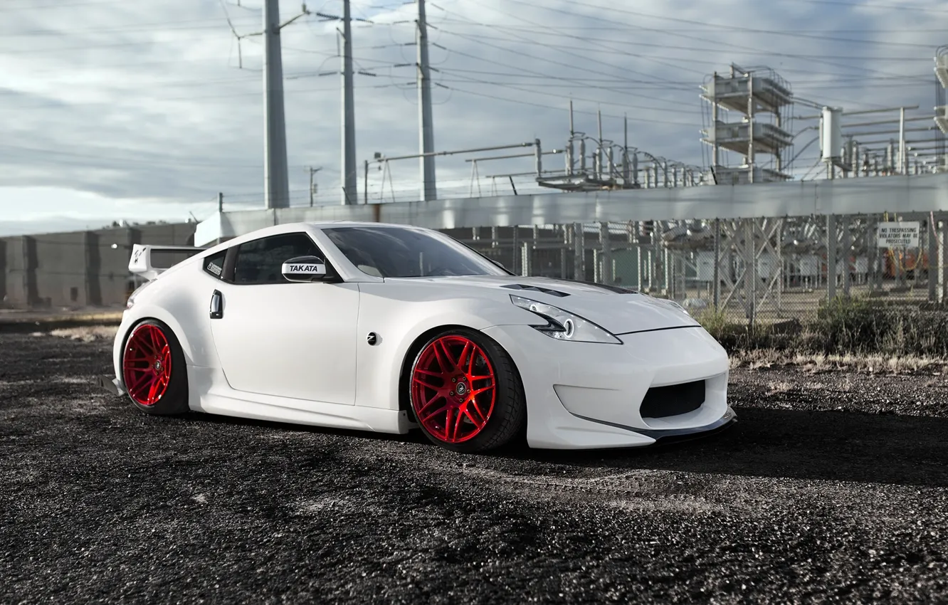 Photo wallpaper Nissan, Red, Front, White, 370Z, Stance, Wheels, Pure