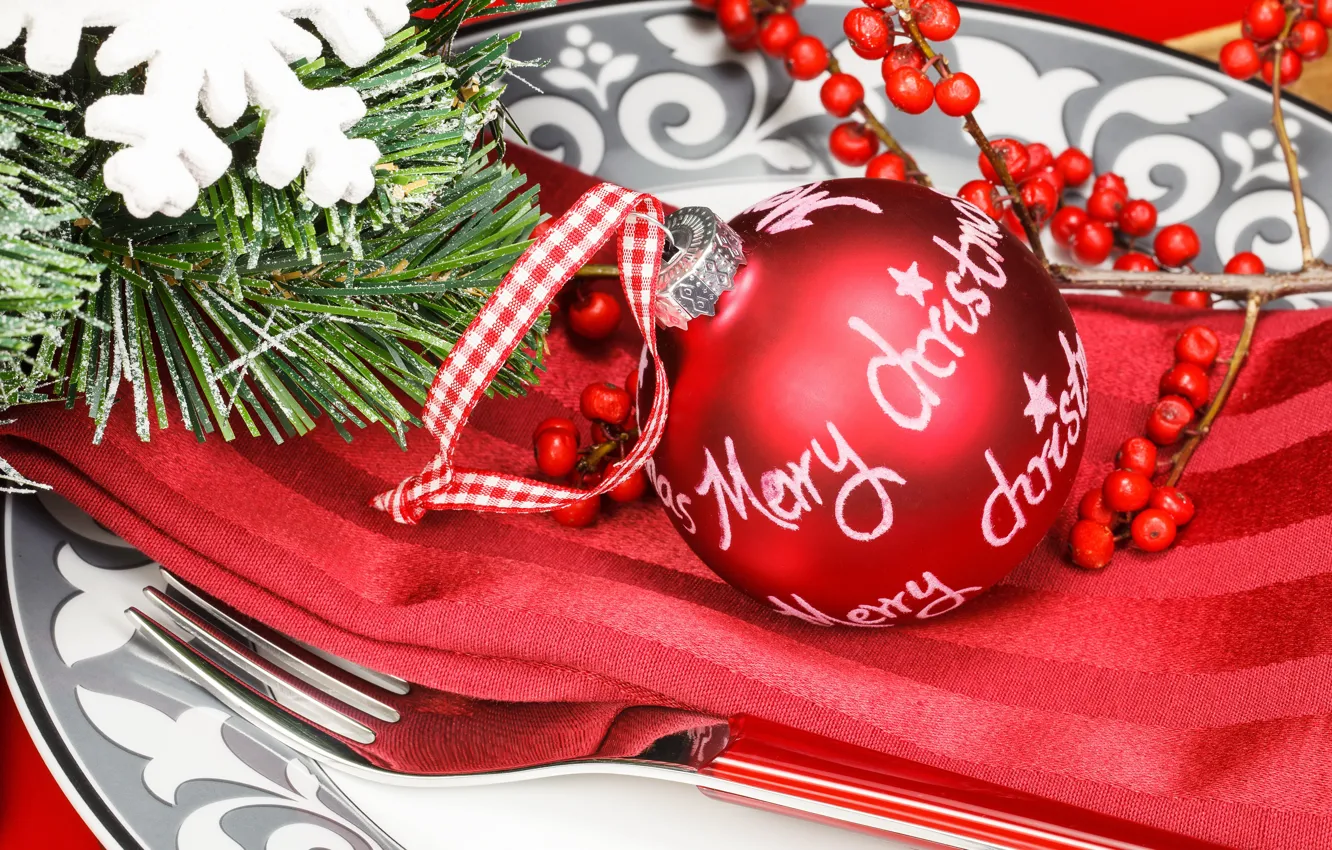 Photo wallpaper balls, close-up, branches, red, holiday, toy, new year, plate