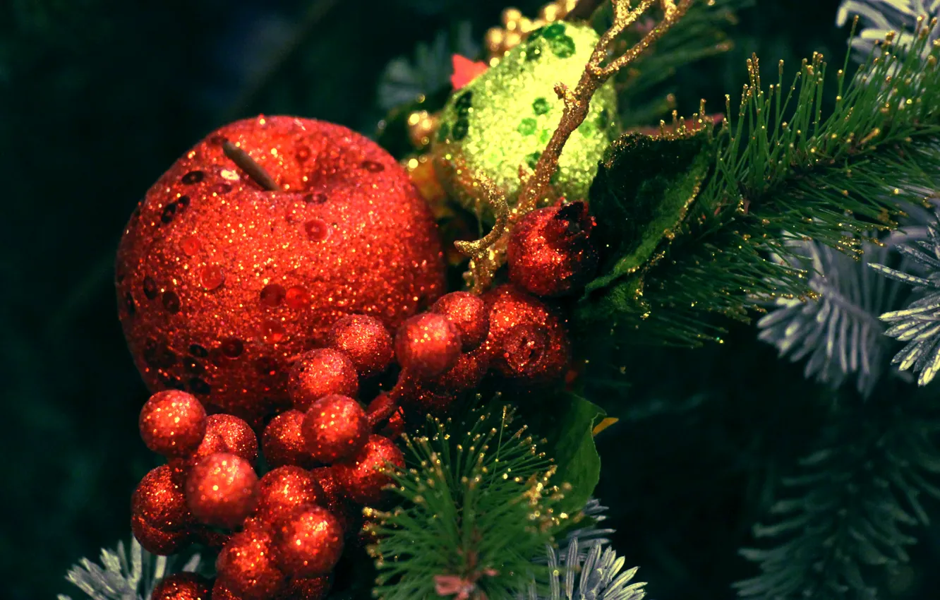 Photo wallpaper greens, flowers, apples, tree, new year, berry