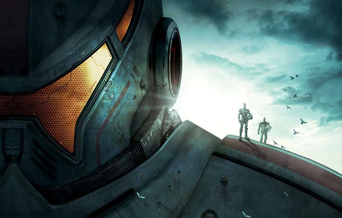 Photo wallpaper metal, bird, people, robot, giant, Idris Elba, Charlie Hunnam, Pacific Rim