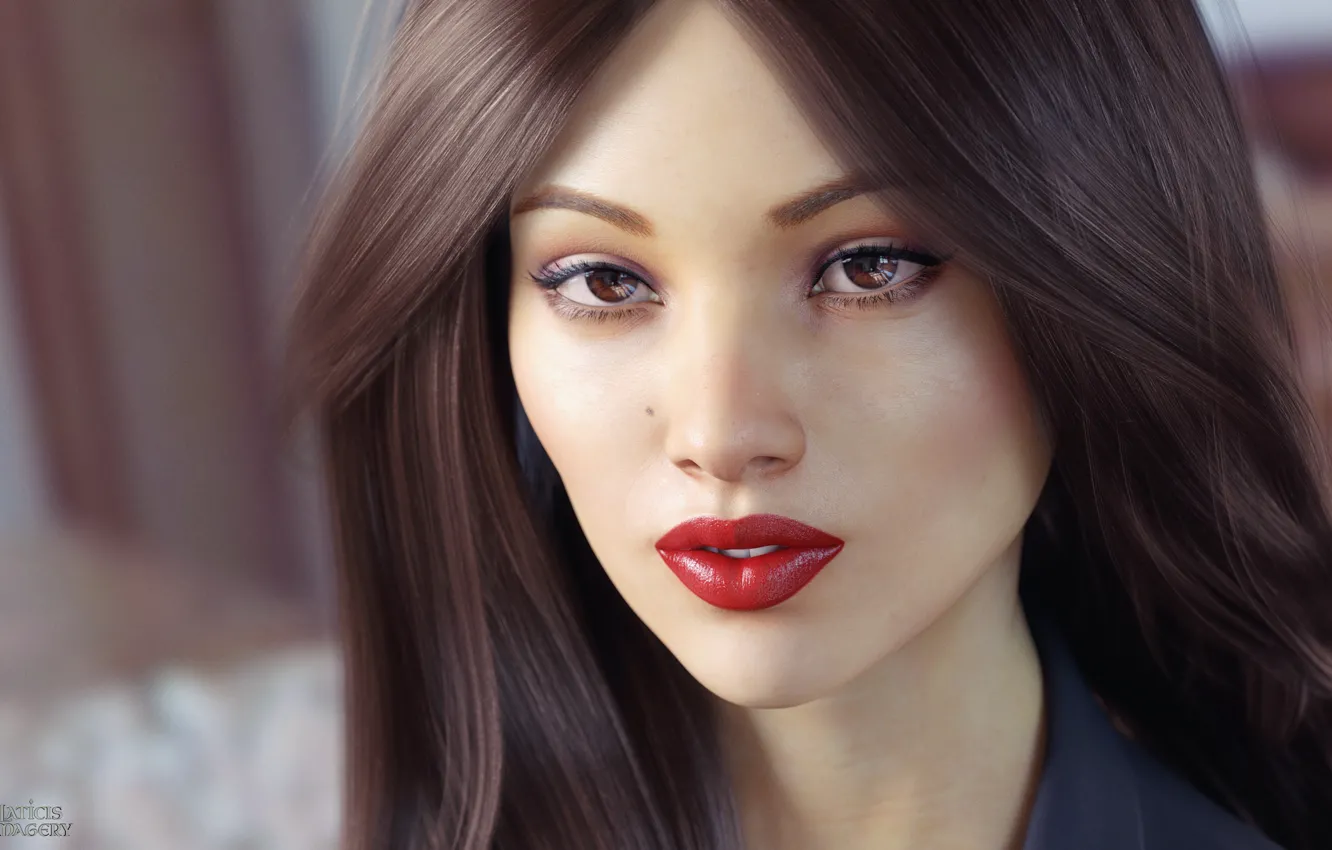 Photo wallpaper look, girl, face, rendering, hair, lipstick, brown eyes
