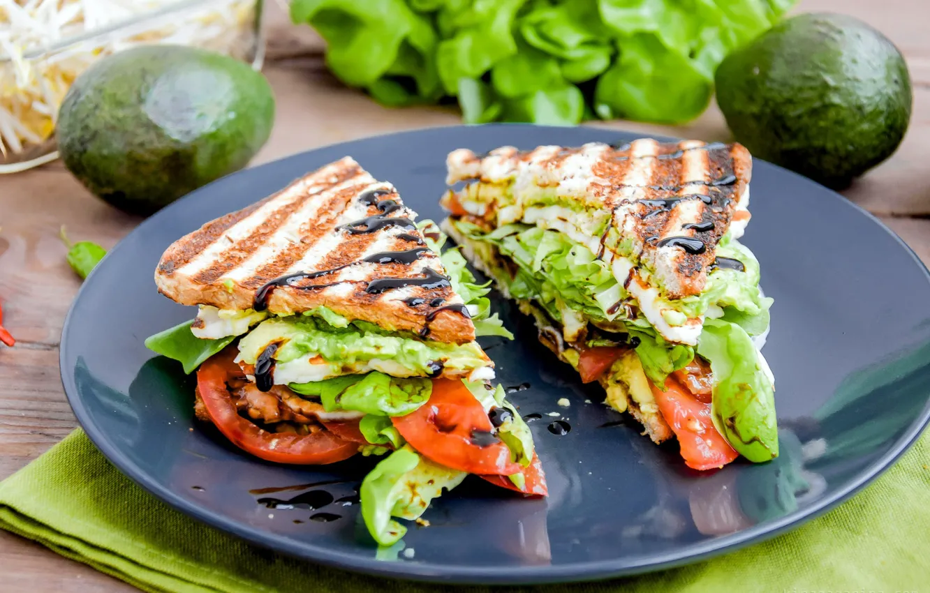 Photo wallpaper sandwich, tomato, sauce, avocado, sandwiches