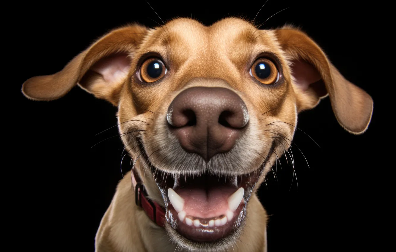 Photo wallpaper look, face, smile, dog, nose, black background, funny, closeup
