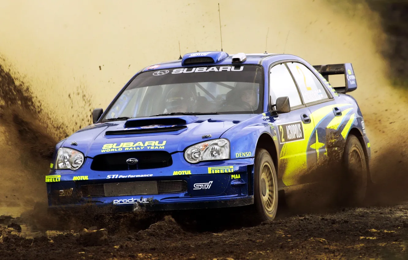 Photo wallpaper Subaru, Impreza, Machine, The hood, Dirt, Day, Lights, WRC