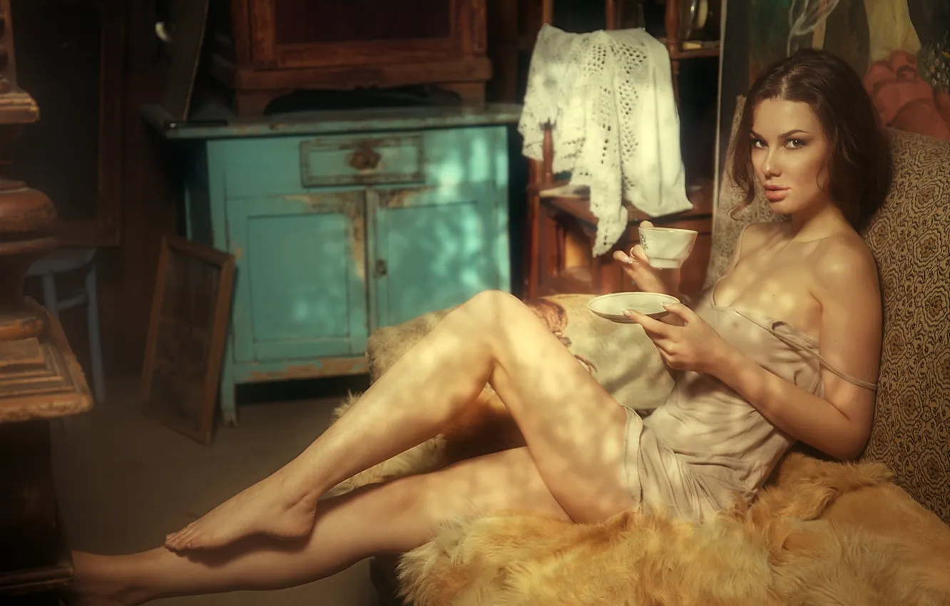 Photo wallpaper look, pose, sofa, feet, model, Christina, Vadim Aksenov