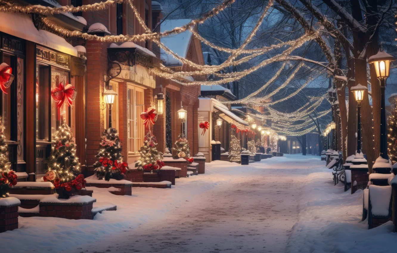 Photo wallpaper winter, snow, decoration, night, the city, lights, street, tree