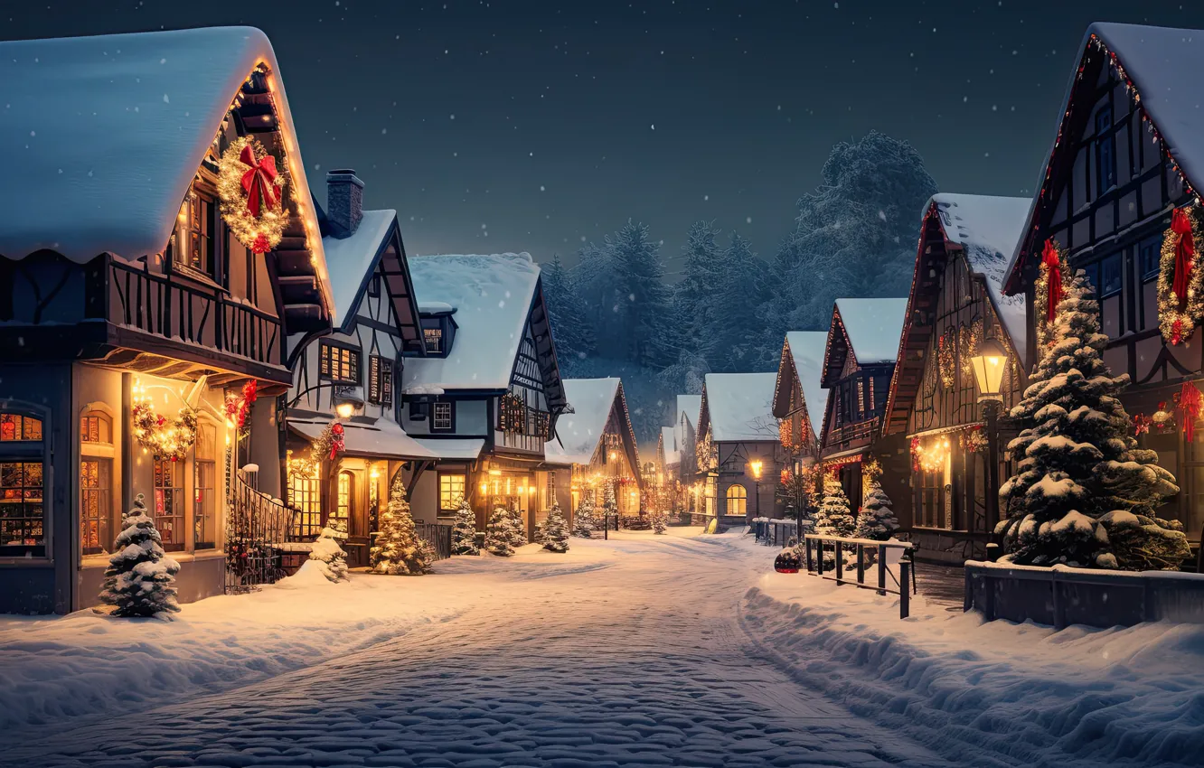 Photo wallpaper winter, snow, decoration, night, the city, lights, street, tree