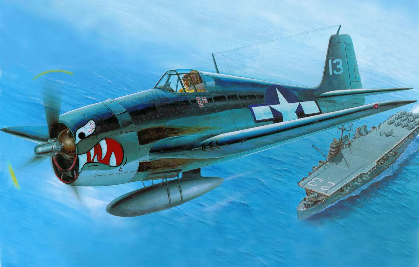 Photo wallpaper the plane, fighter, art, USA, Grumman, F6F-3, deck, Hellcat