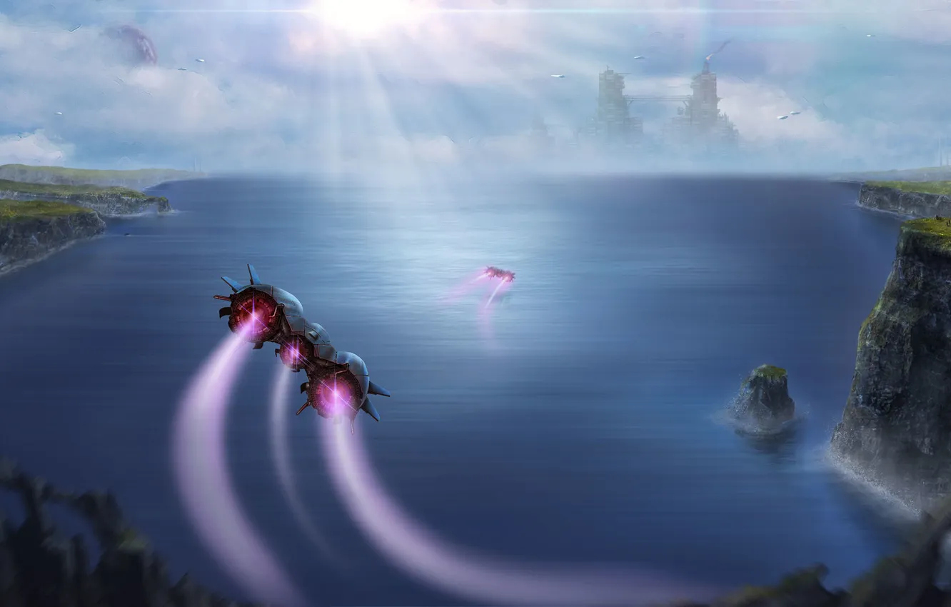 Photo wallpaper the sun, flight, landscape, the city, lake, shore, ship, art