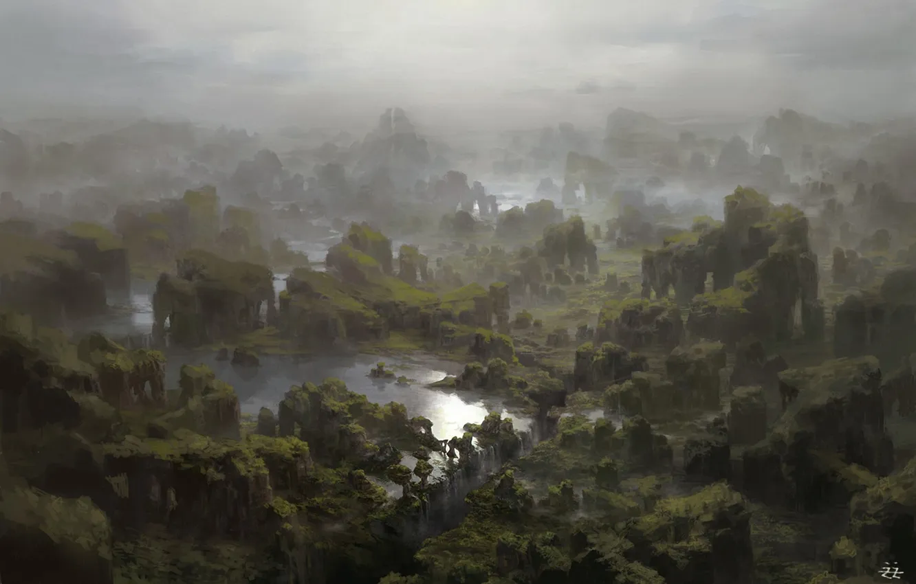 Photo wallpaper greens, water, landscape, view, waterfall, art, panorama