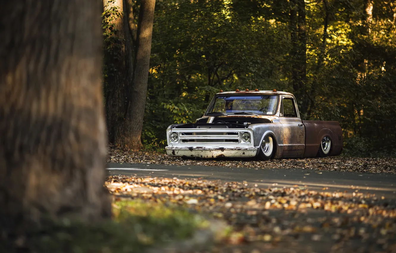 Photo wallpaper road, autumn, forest, leaves, car, sunlight