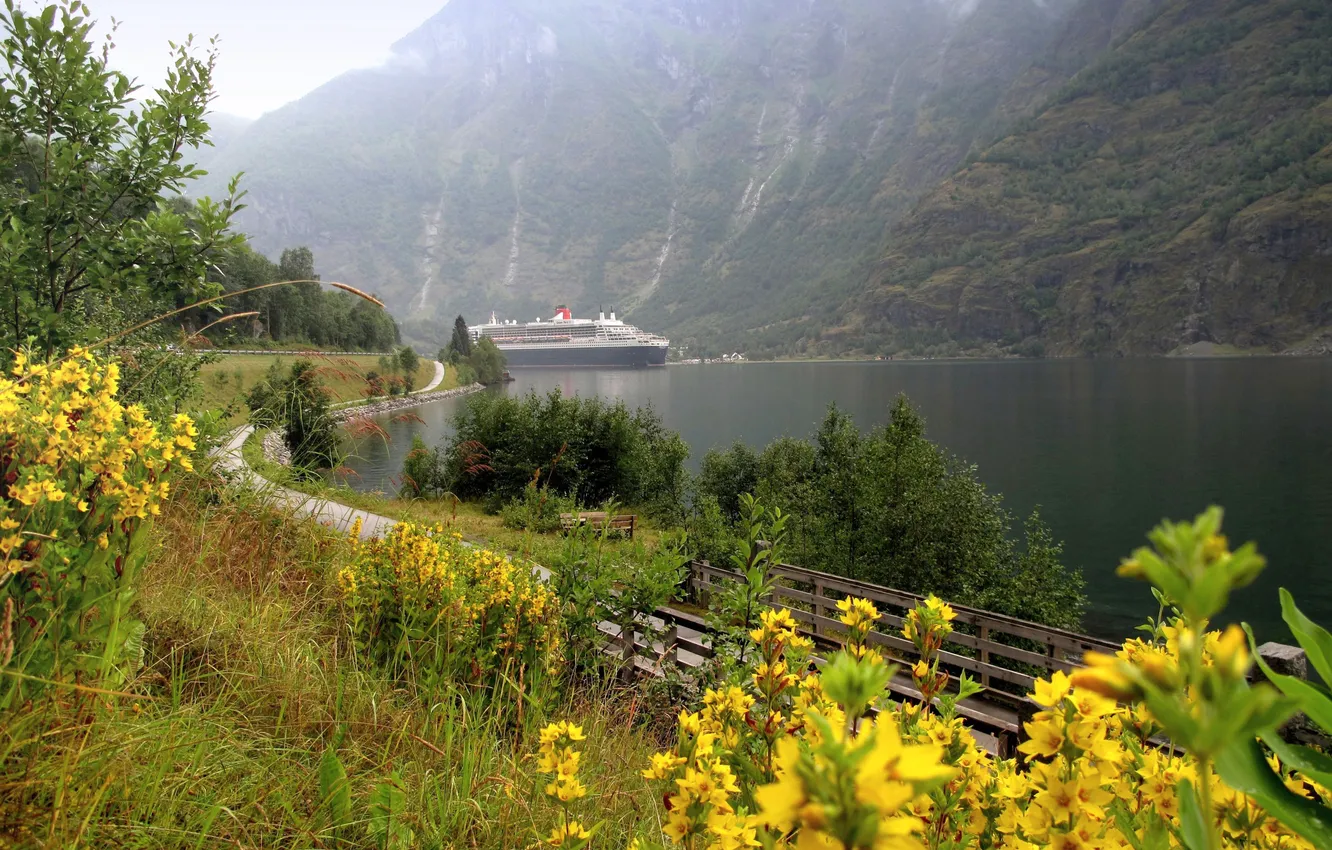 Photo wallpaper flowers, mountains, nature, ship, track, Bay, the bridge, path