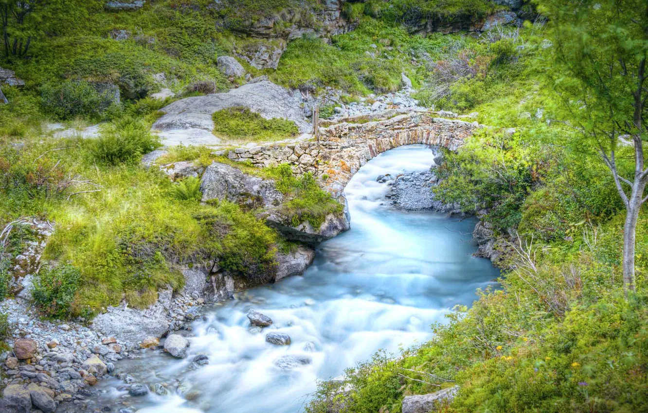 Photo wallpaper bridge, nature, river, France, Alps, The Ecrins national Park