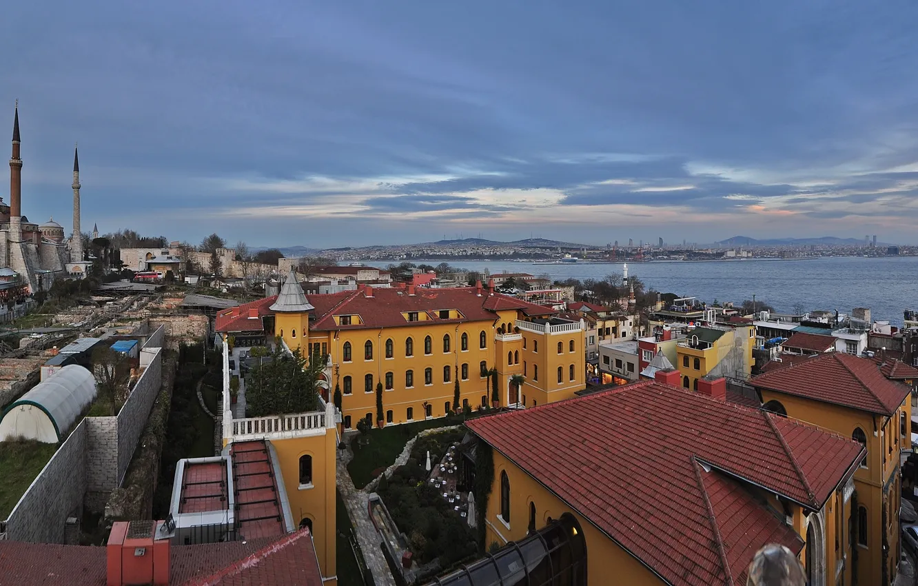 Photo wallpaper Strait, home, panorama, mosque, Istanbul, Turkey, the minaret, The Bosphorus