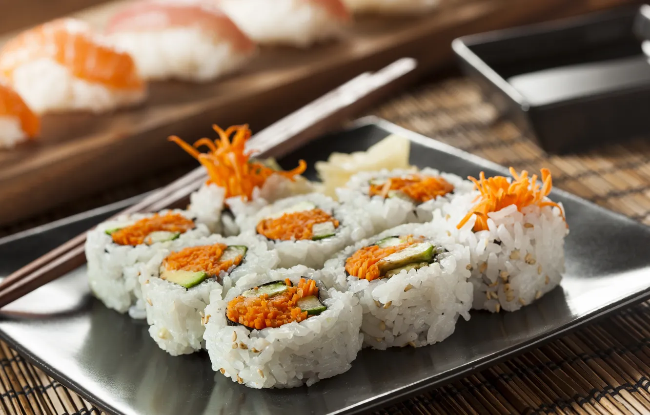 Photo wallpaper carrots, dish, sesame, rolls, filling, Japanese cuisine