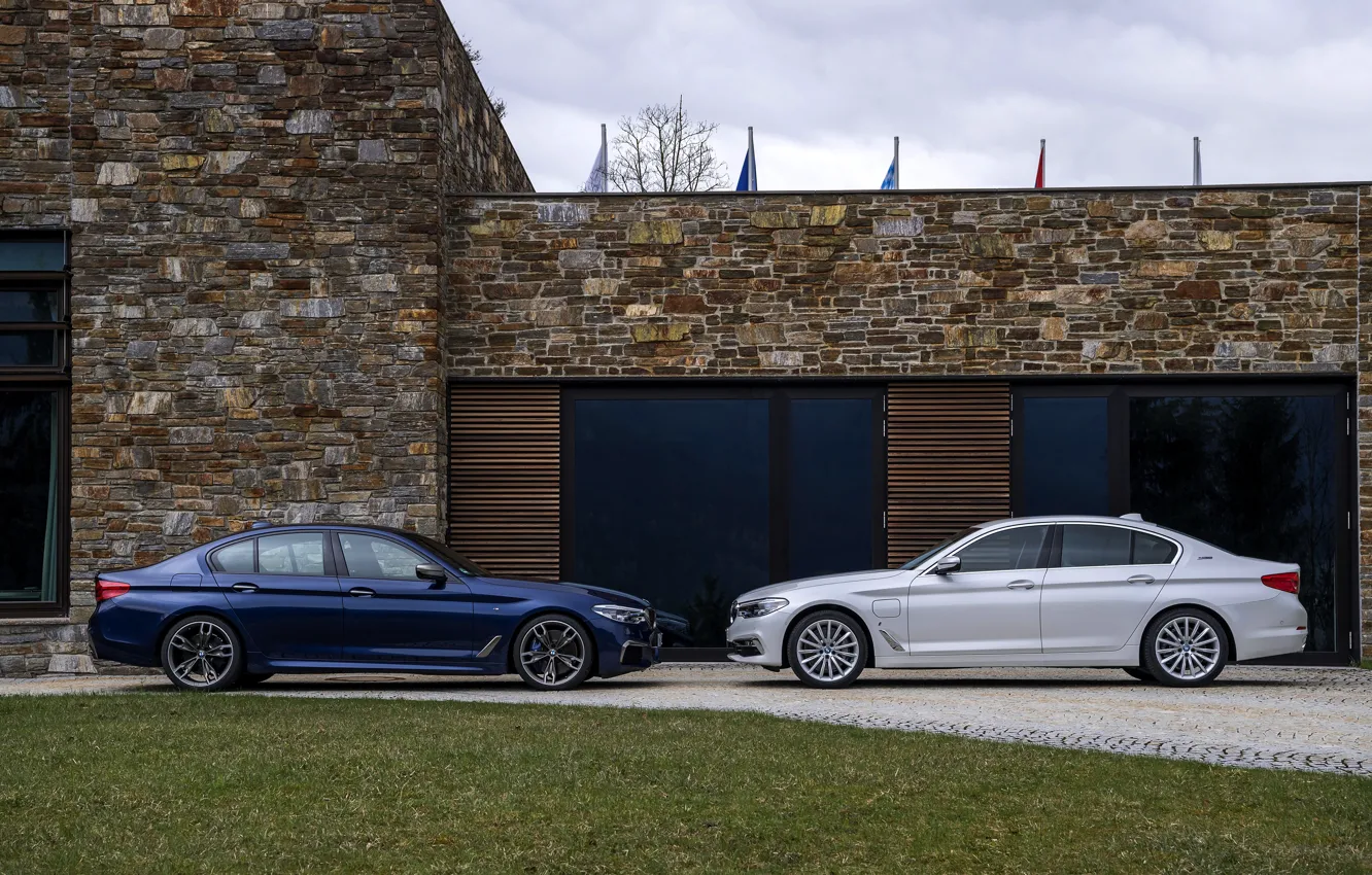 Photo wallpaper white, house, lawn, BMW, profile, hybrid, 5, dark blue