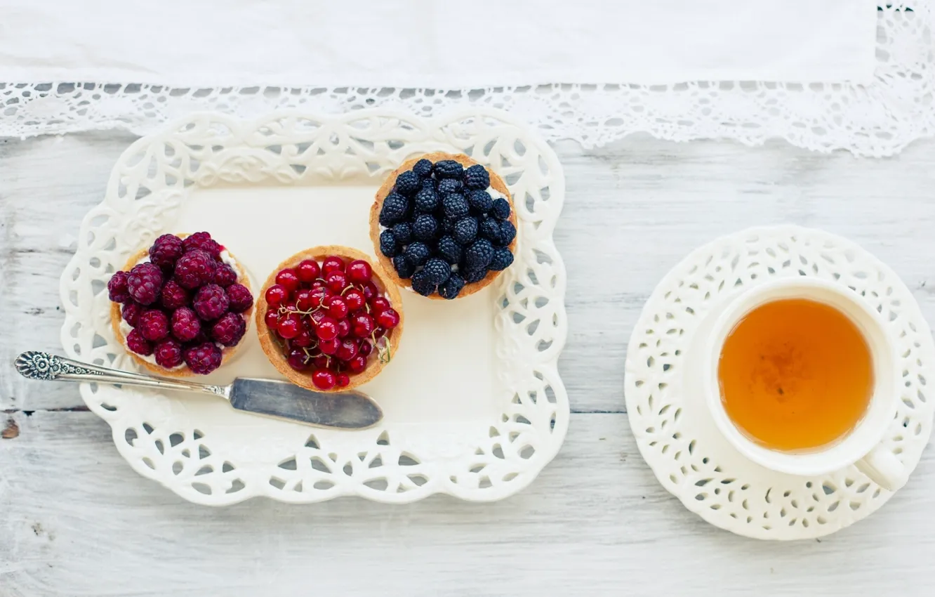 Photo wallpaper berries, tea, napkin, tartlets