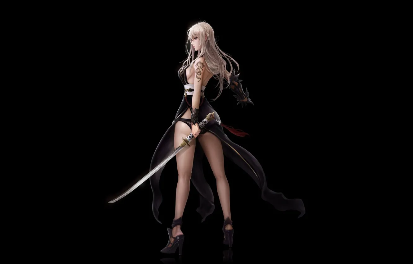 Photo wallpaper girl, weapons, sword, katana, blonde, girl, sword, black background