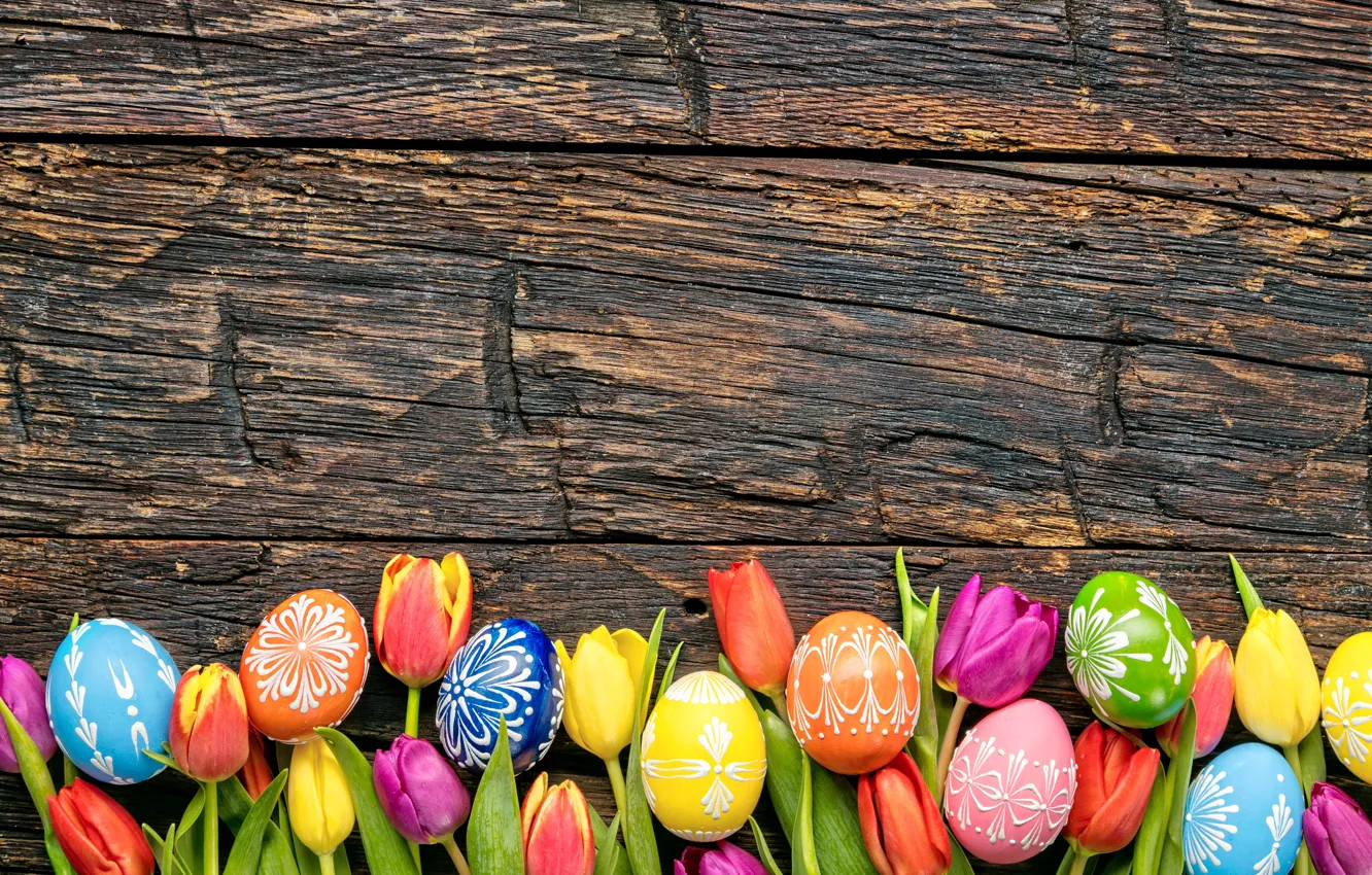 Photo wallpaper colorful, Easter, tulips, wood, flowers, tulips, spring, Easter