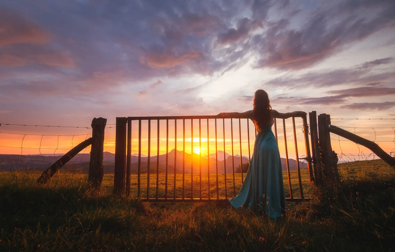 Photo wallpaper field, the sky, grass, girl, the sun, clouds, sunset, mountains