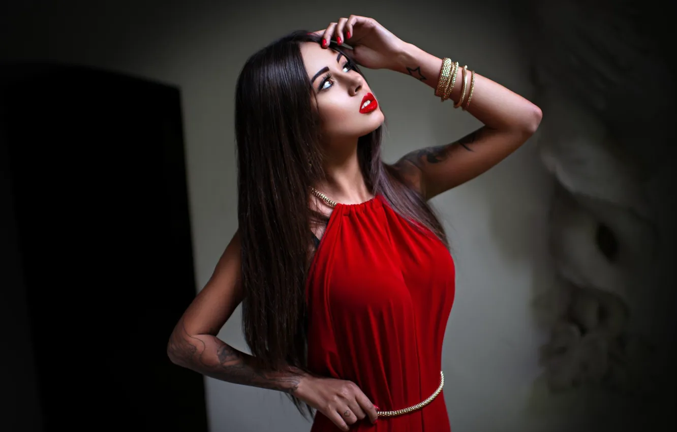 Photo wallpaper girl, red, model, dress, tattoo, red, dress, girls