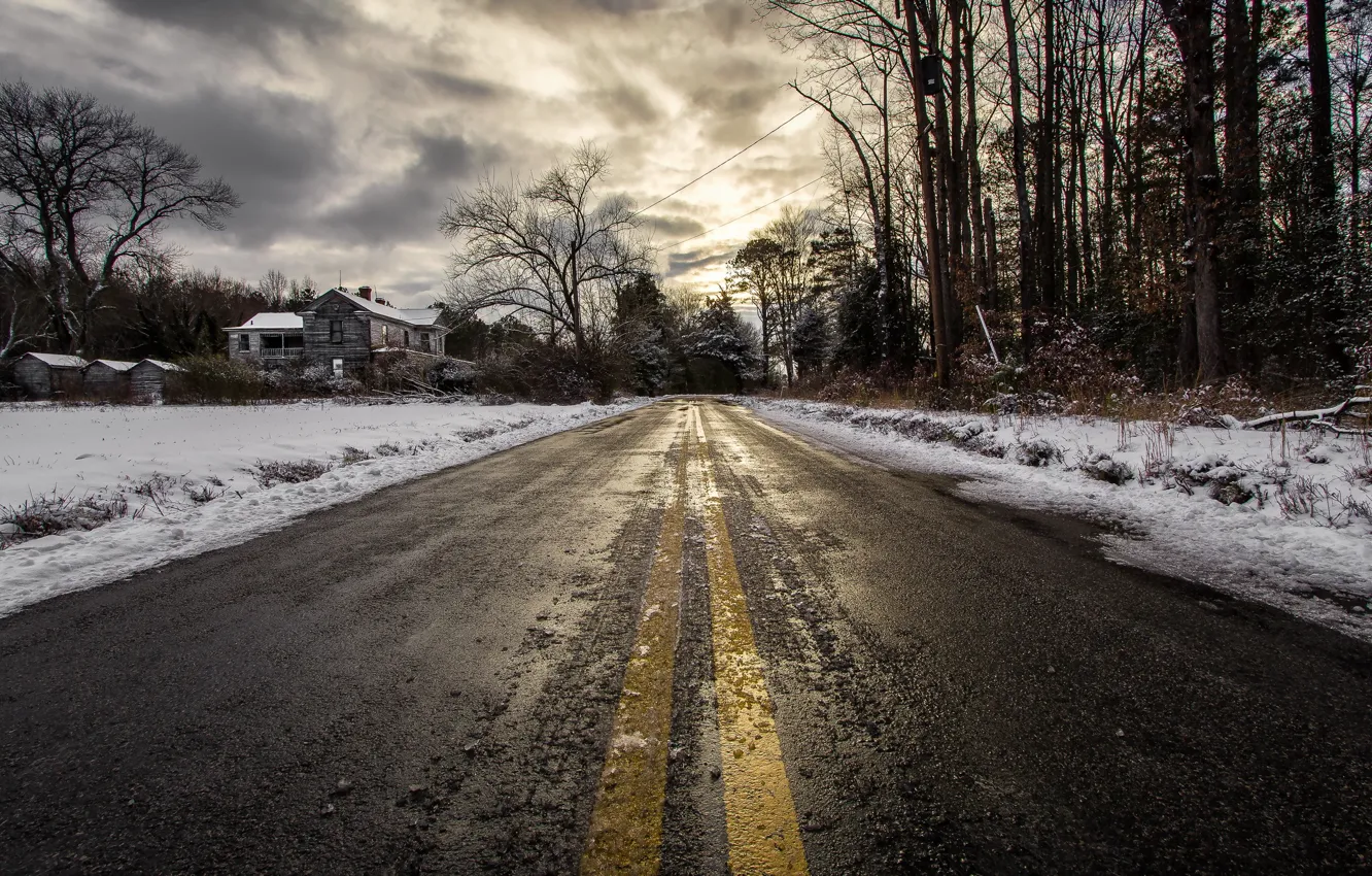 Photo wallpaper road, the sky, snow, landscape