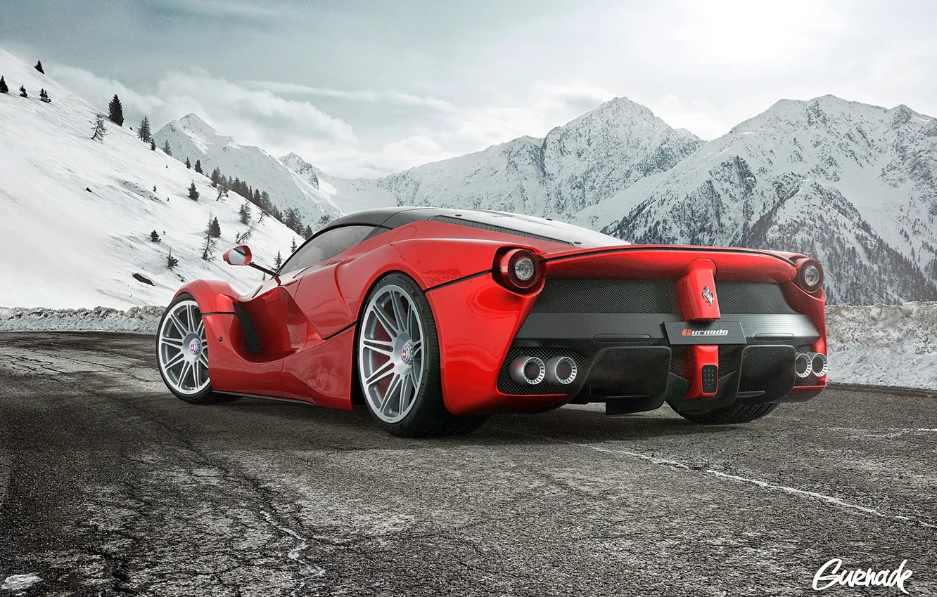Photo wallpaper Ferrari, Snow, White, Wheels, LaFerrari, HRE, by Gurnade, Moutian