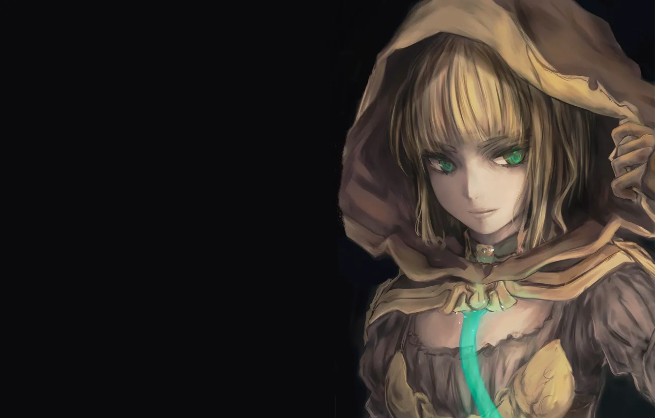 Photo wallpaper look, girl, portrait, hood, cloak, black background, Gretel, Sinoalice