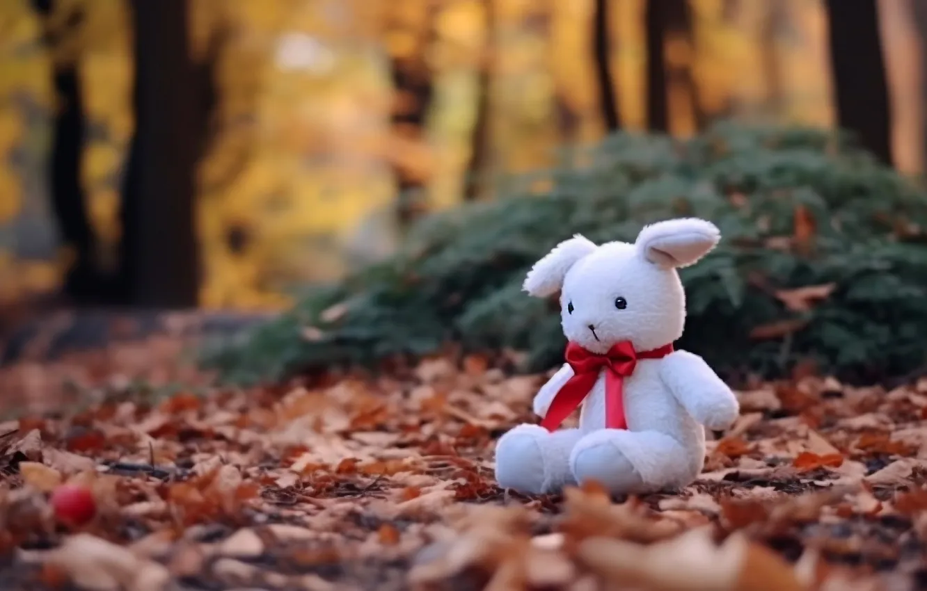 Photo wallpaper autumn, forest, white, trees, Park, foliage, toy, hare