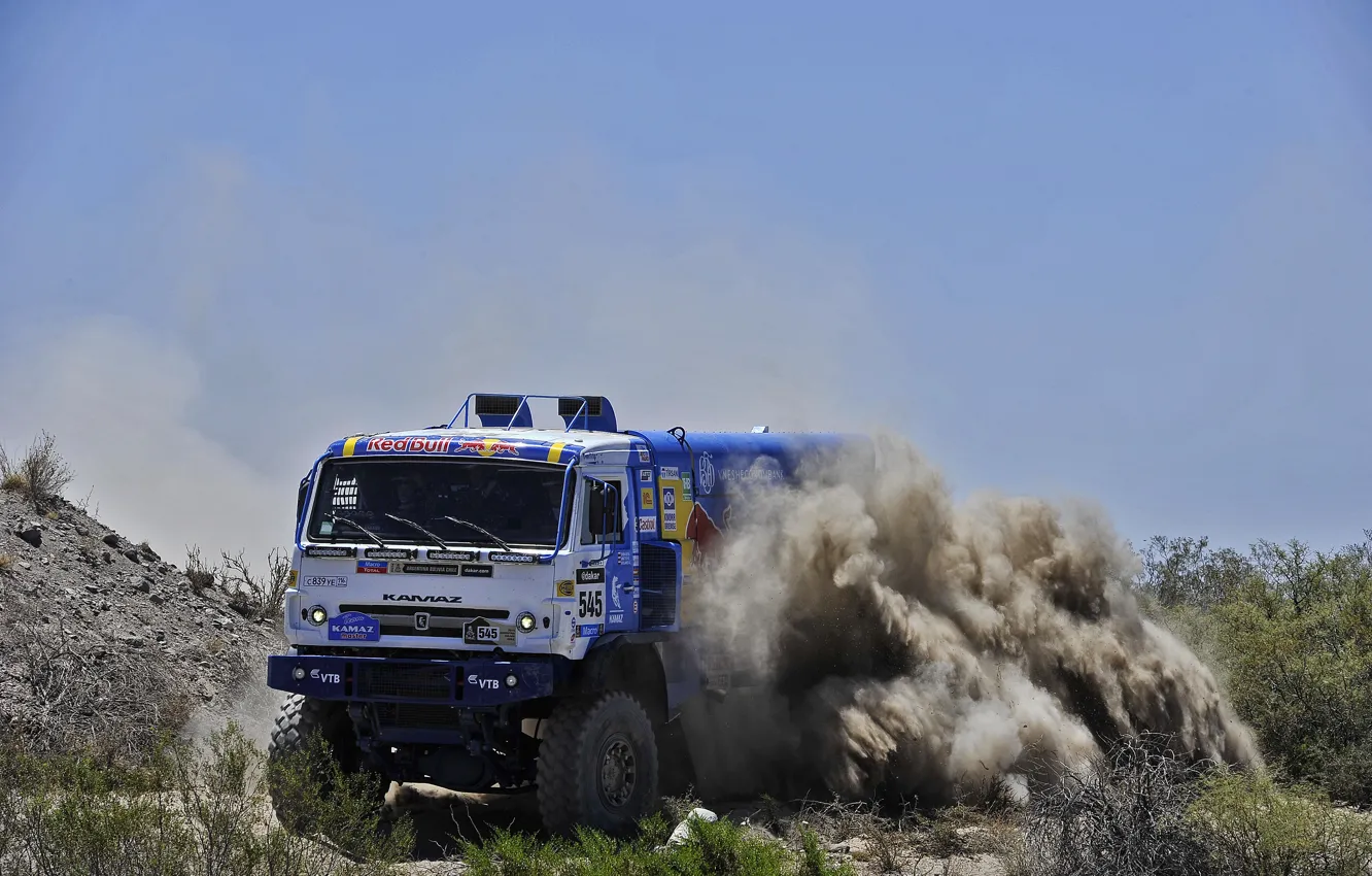 Photo wallpaper sand, the sky, stones, speed, dust, turn, skid, truck