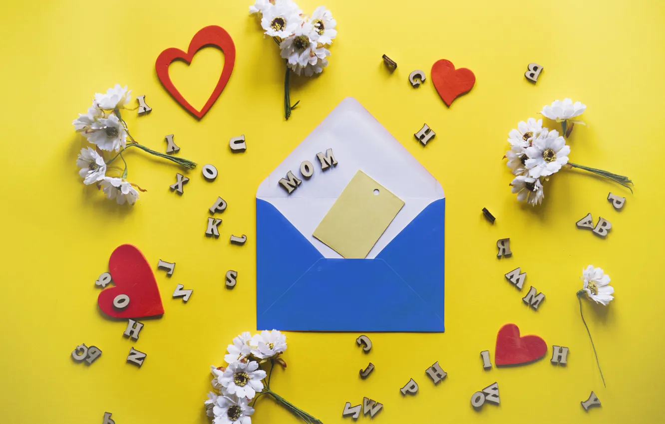 Photo wallpaper flowers, Hearts, Letters, chrysanthemum, The envelope