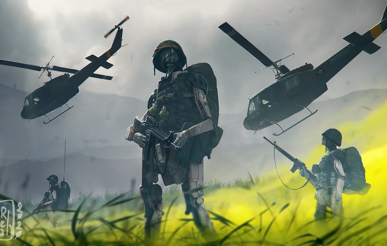 Photo wallpaper helicopter, artwork, fighting robots, DOFRESH, Mechanized infantry, March of the robots 2020, March of Robots …