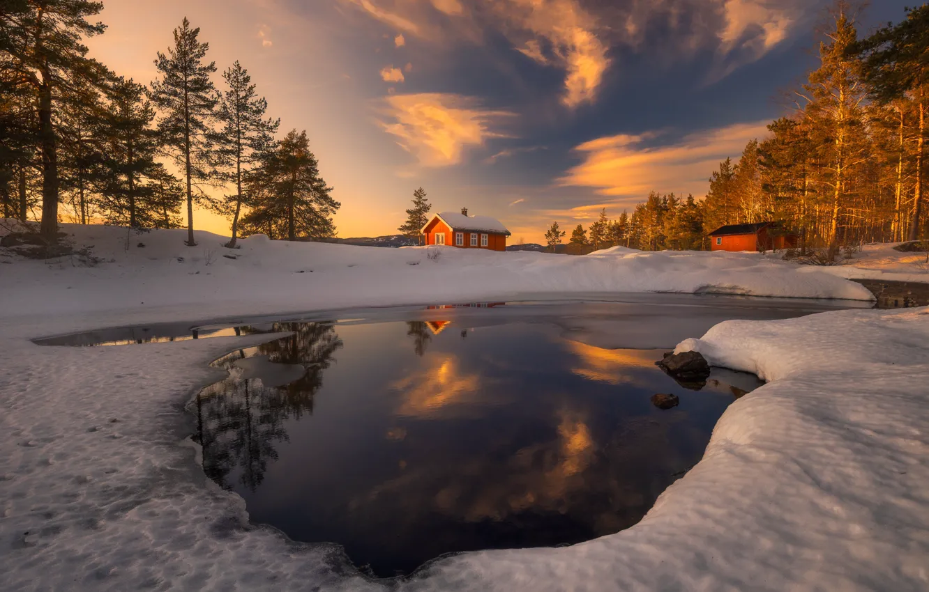 Photo wallpaper winter, the sun, snow, house, river, Ole Henrik Skjelstad