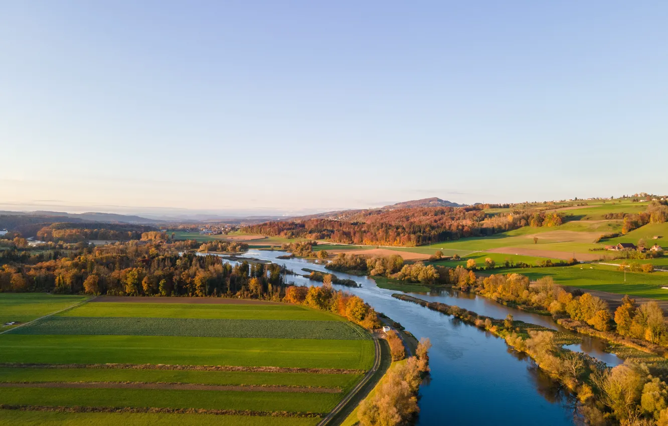 Photo wallpaper road, field, autumn, forest, mountains, nature, river, home