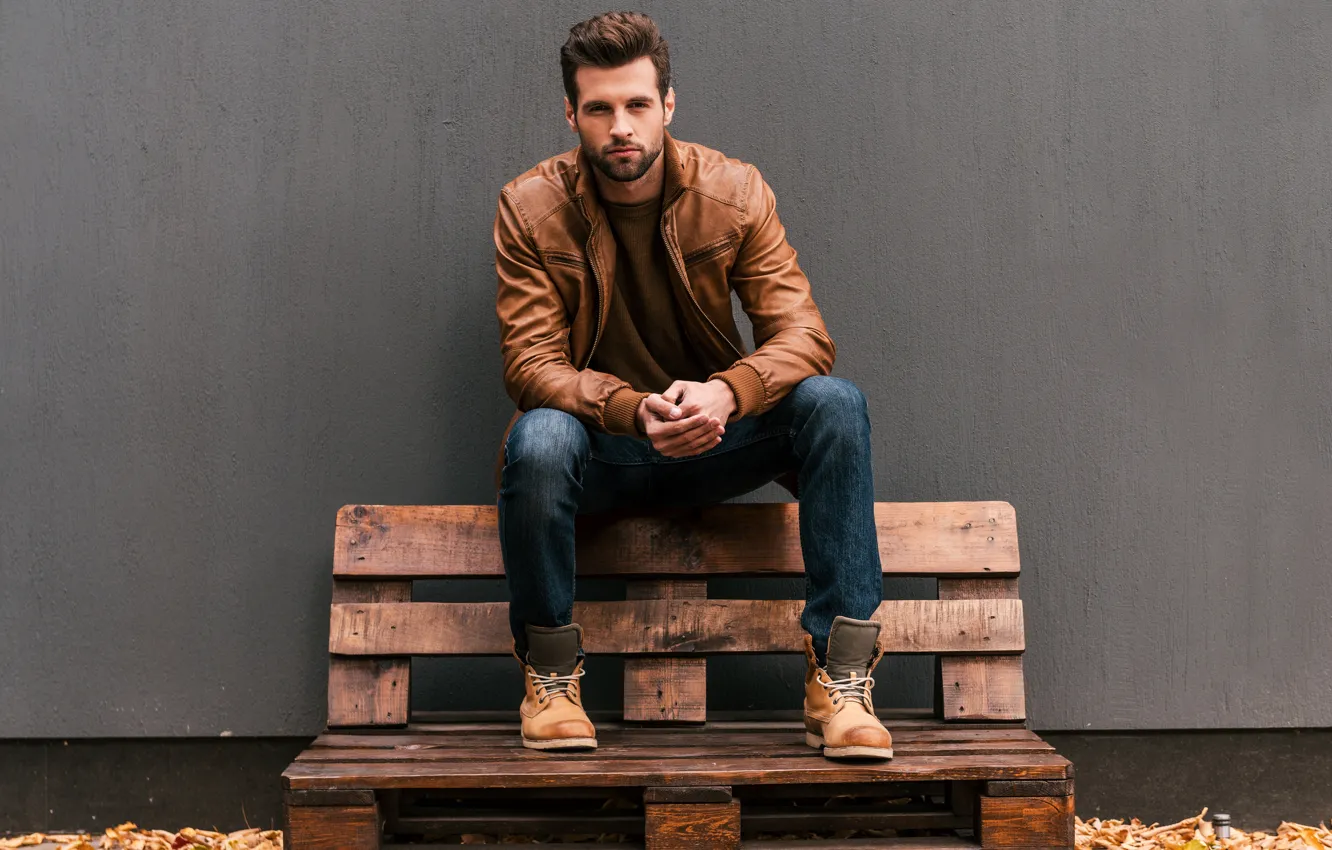 Photo wallpaper autumn, leaves, yellow, wall, portrait, jeans, shoes, jacket