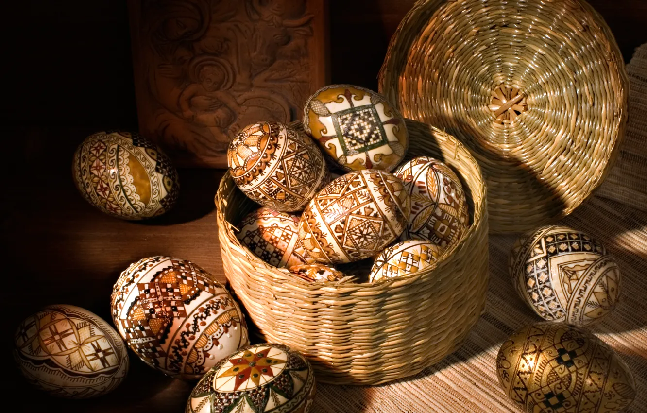 Photo wallpaper holiday, Board, eggs, Easter, basket, Easter, box, eggs