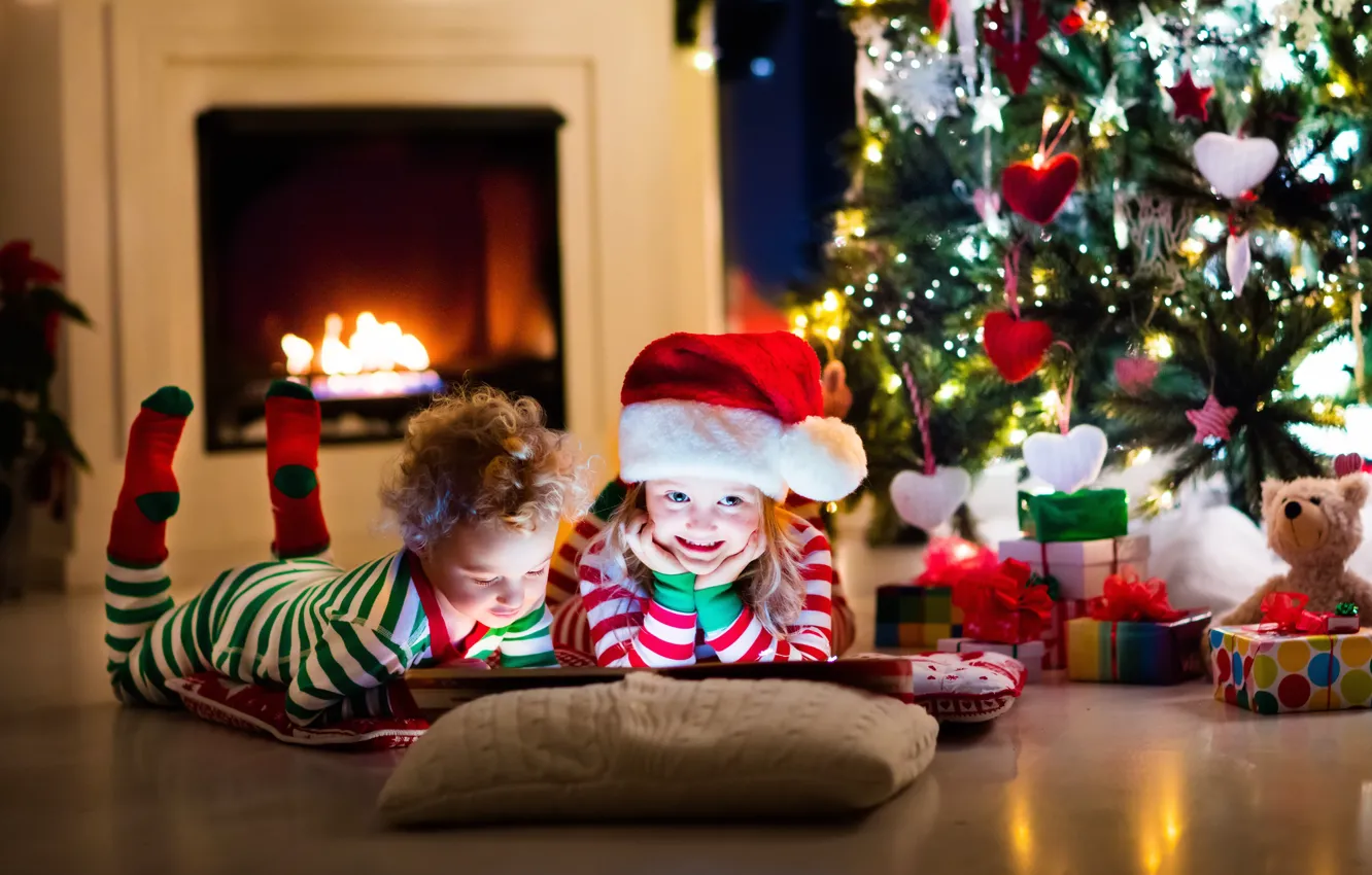 Photo wallpaper children, toys, tree, Christmas, New year, book, fireplace, decoration