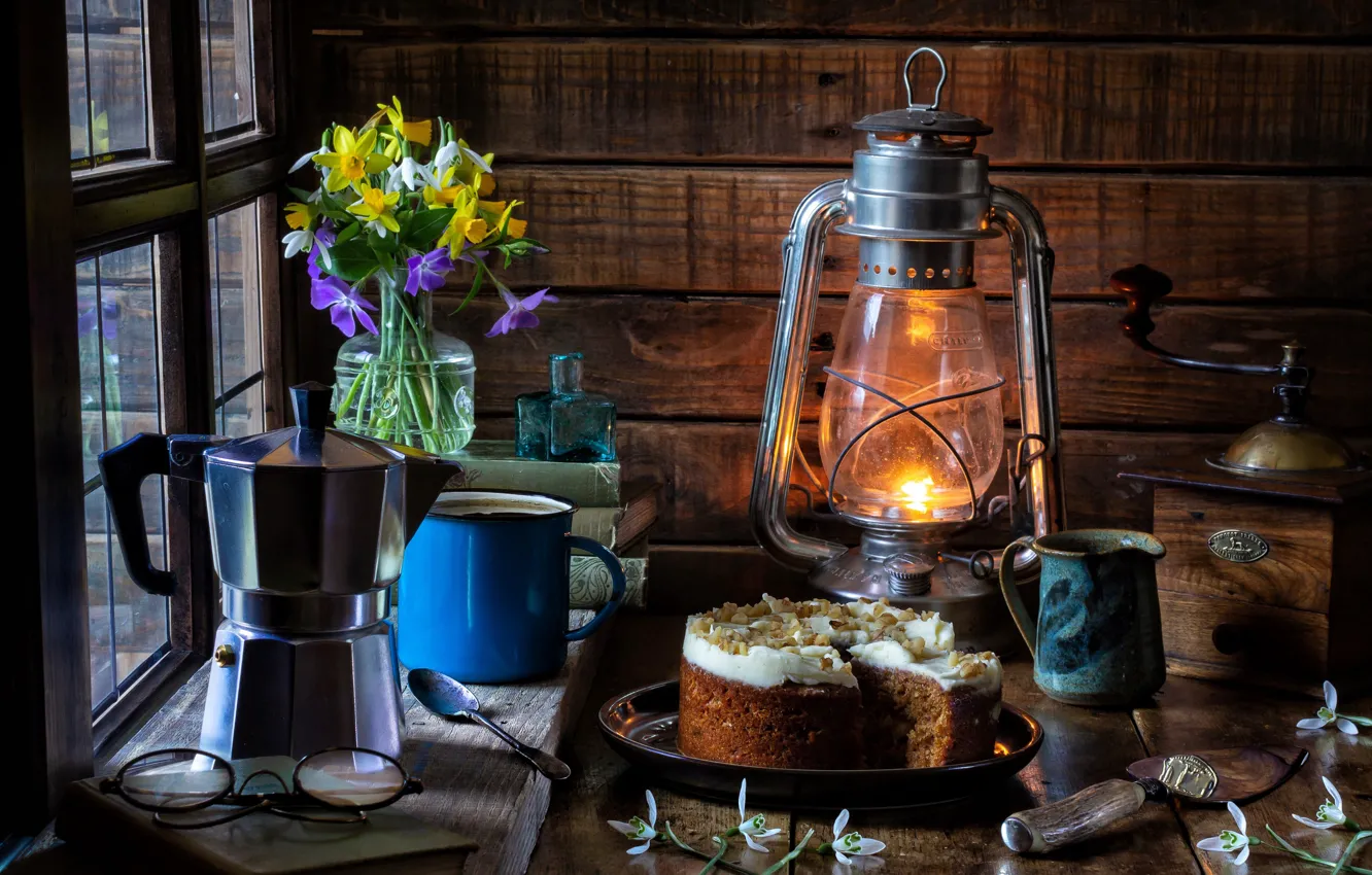 Photo wallpaper flowers, style, lamp, glasses, snowdrops, lights, mug, cake