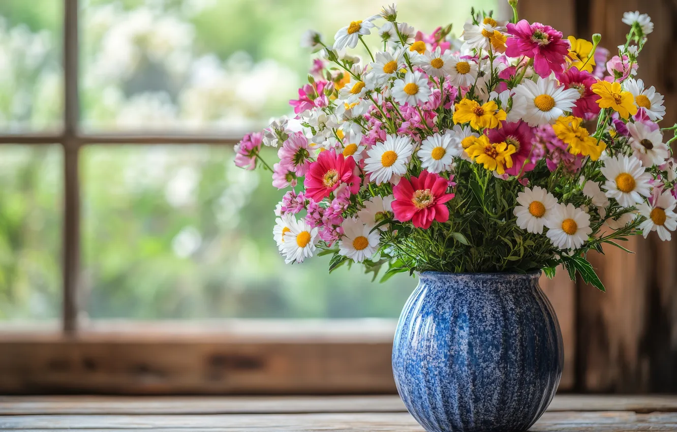 Photo wallpaper flowers, yellow, red, bright, chamomile, bouquet, window, vase