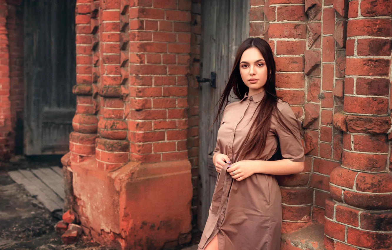 Photo wallpaper look, wall, model, portrait, home, brick, makeup, dress