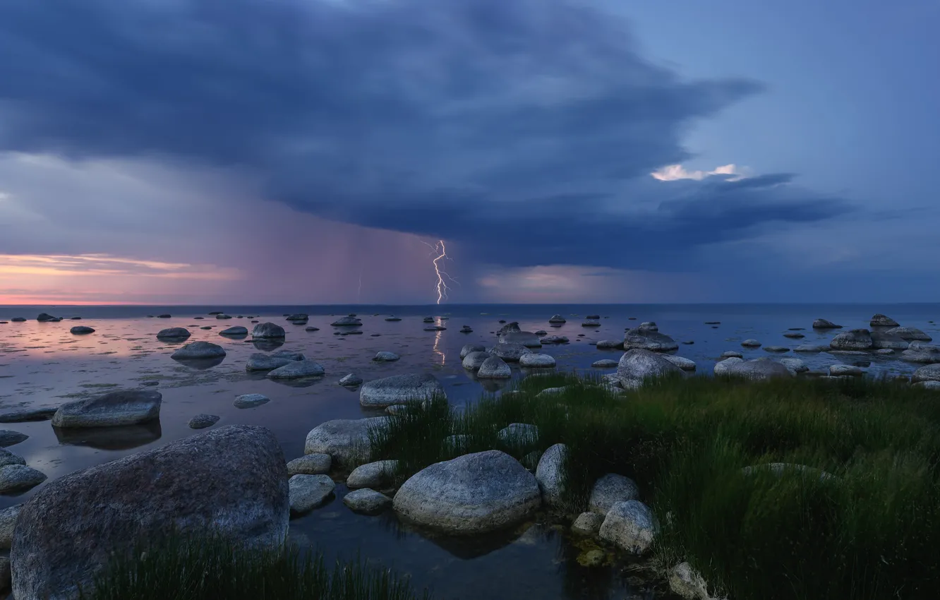 Photo wallpaper the storm, night, stones, shore, lightning, pond