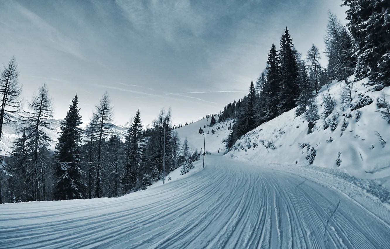 Photo wallpaper winter, road, snow, tree, hills