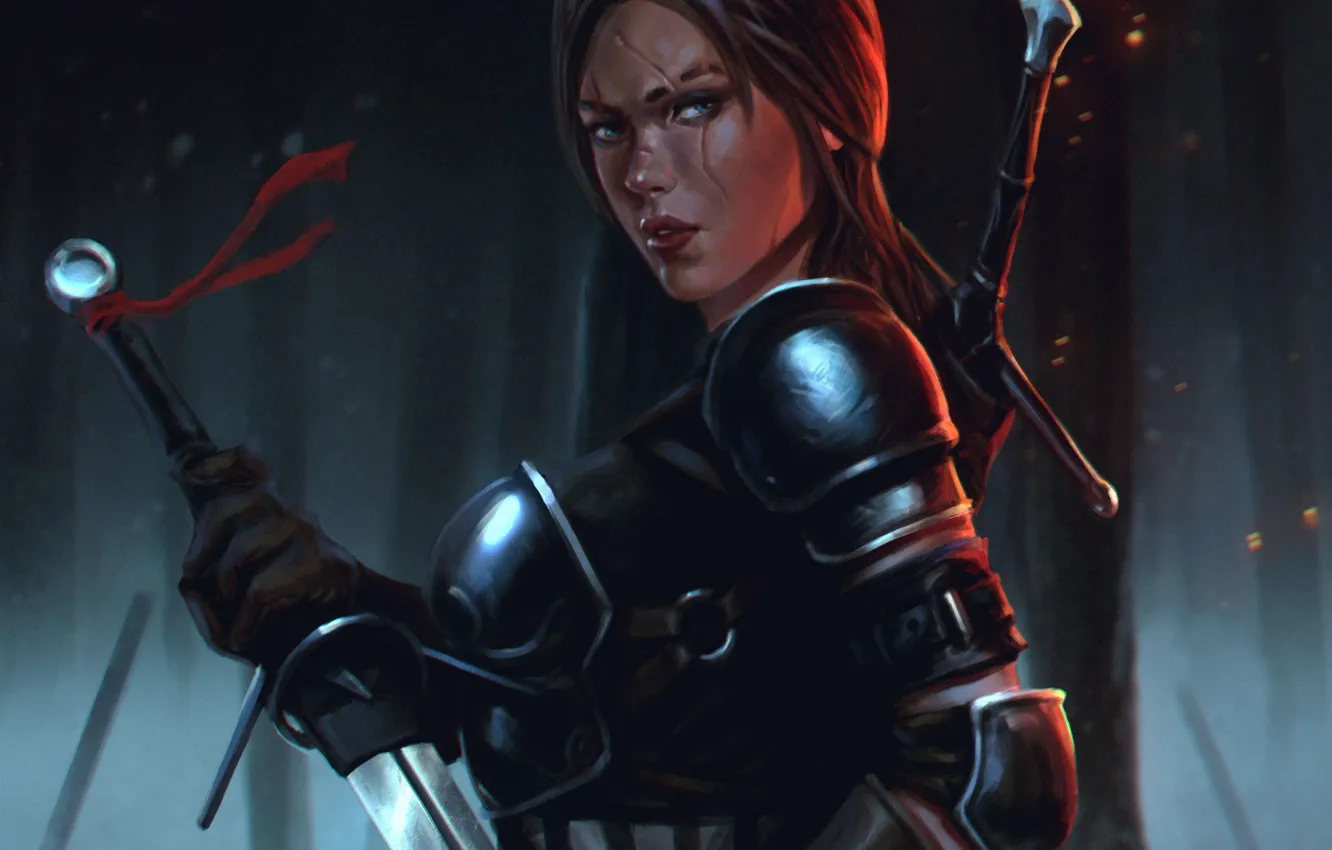 Photo wallpaper girl, sword, art, armor, scar, Witcher 3