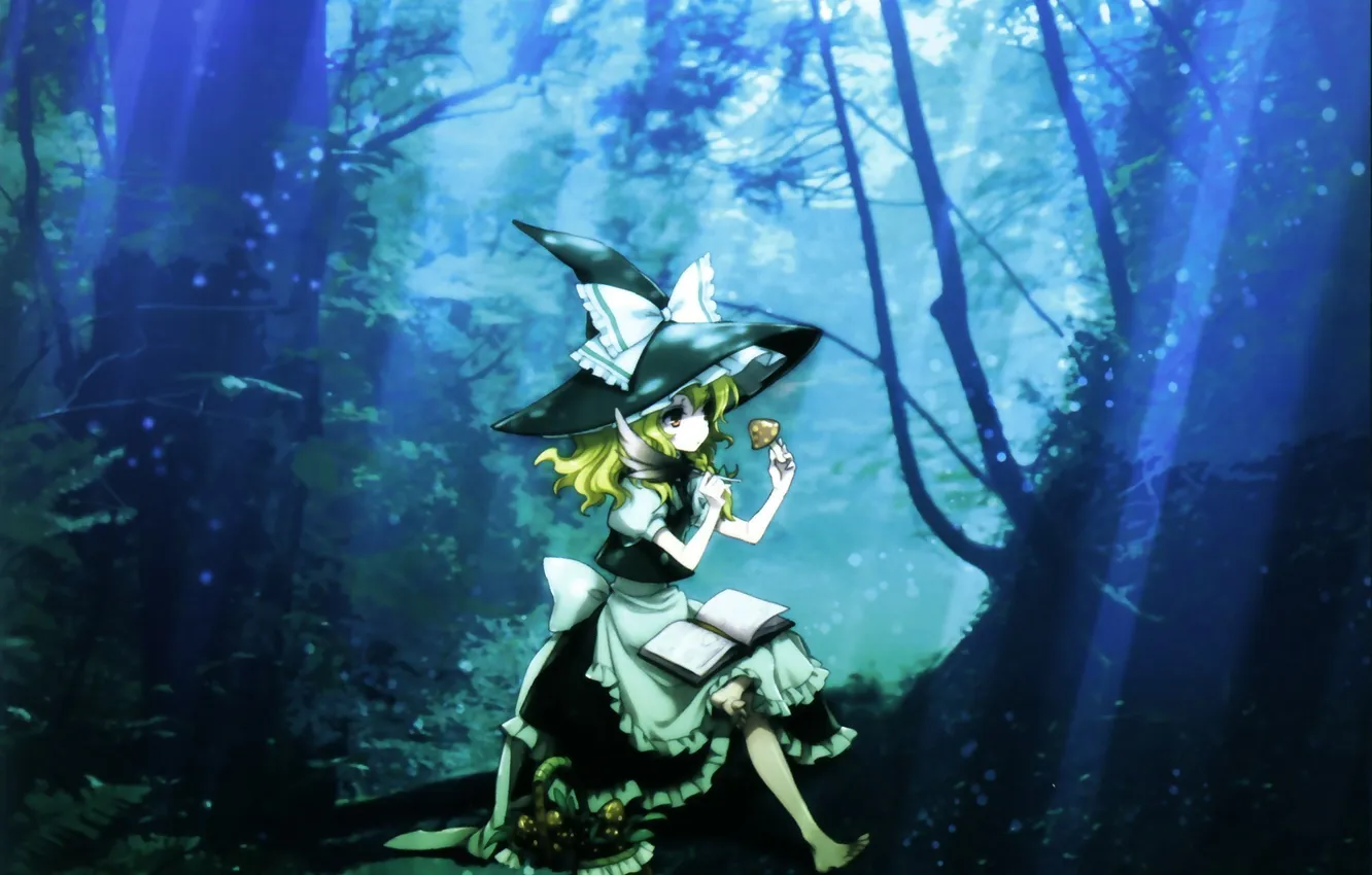 Photo wallpaper forest, girl, light, trees, nature, mushrooms, hat, art