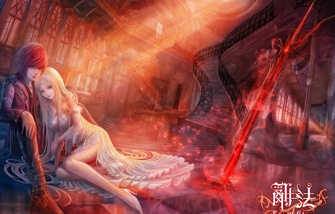 Photo wallpaper look, girl, home, hugs, ladder, guy, art, fufu