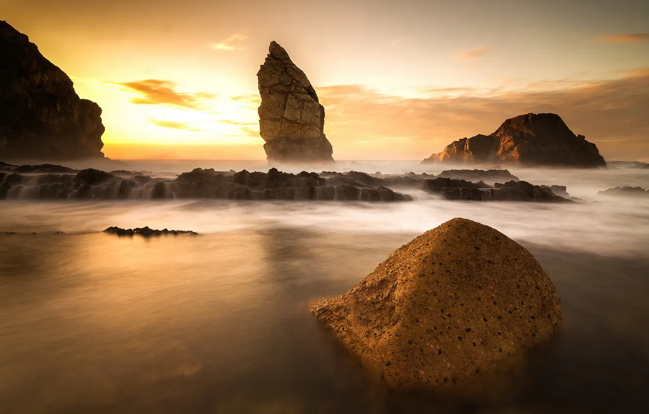 Photo wallpaper sea, landscape, sunset, rocks