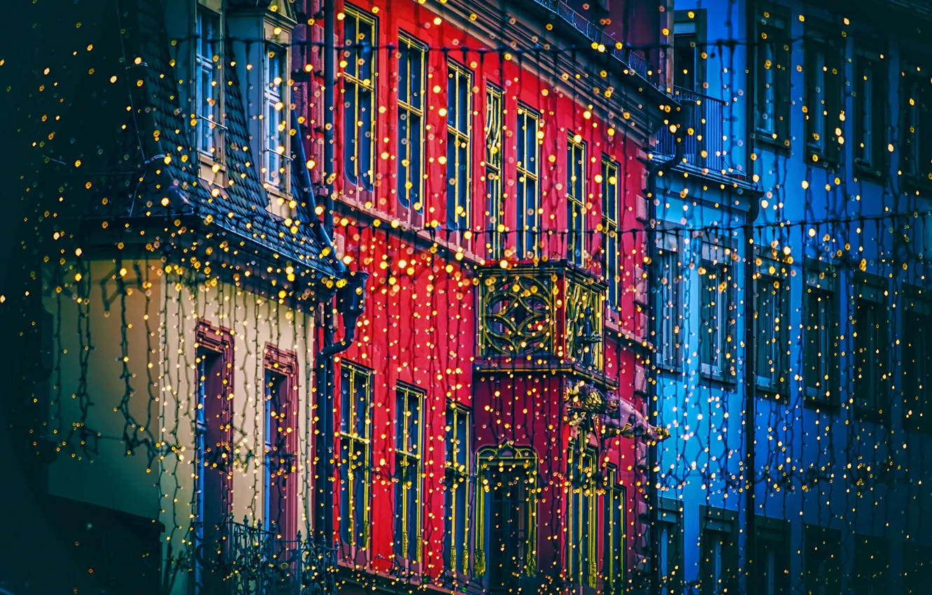 Photo wallpaper Home, Lights, The city, Street, Light, Christmas, Light bulb, Building