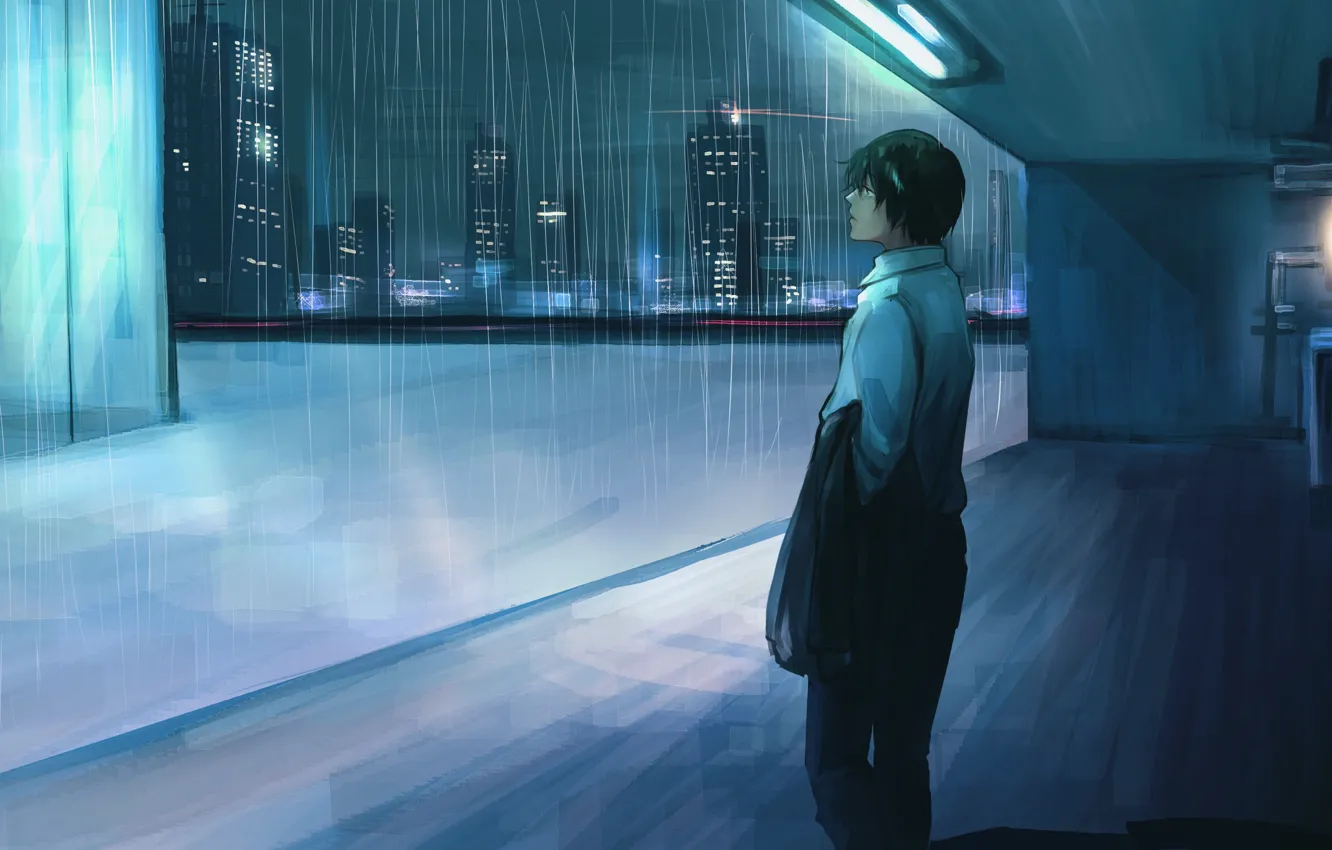 Photo wallpaper rain, anime, guy