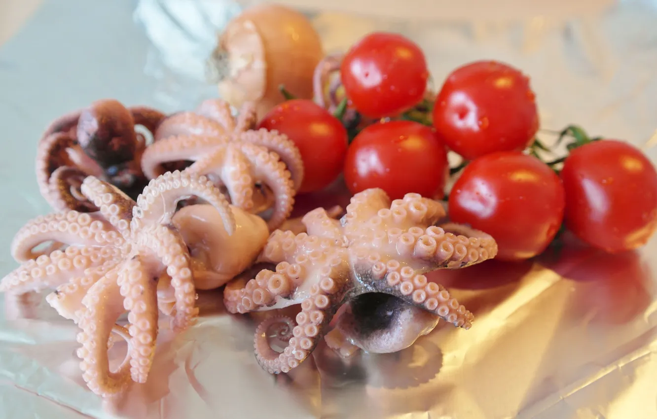 Photo wallpaper food, vegetables, tomatoes, octopus, seafood, cherry, shellfish